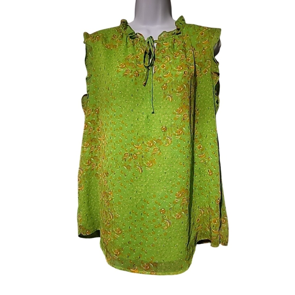 Rachel Zoe Womens Lime Green Floral Metallic Ruffle Sleeveless Blouse Top Large